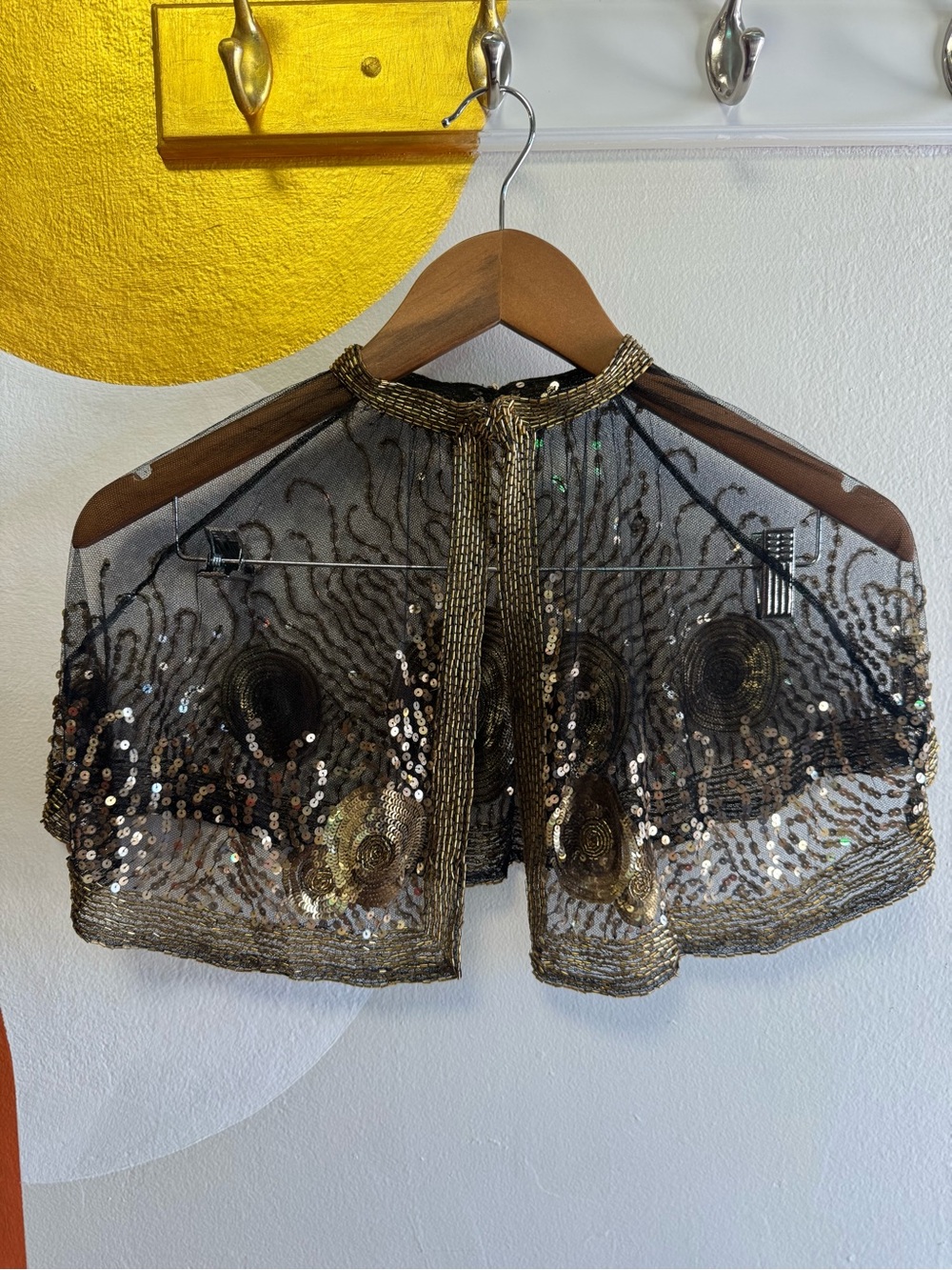 1920s Art Deco Black Mesh Capelet Gold Beaded Sequin Shawl Shrug